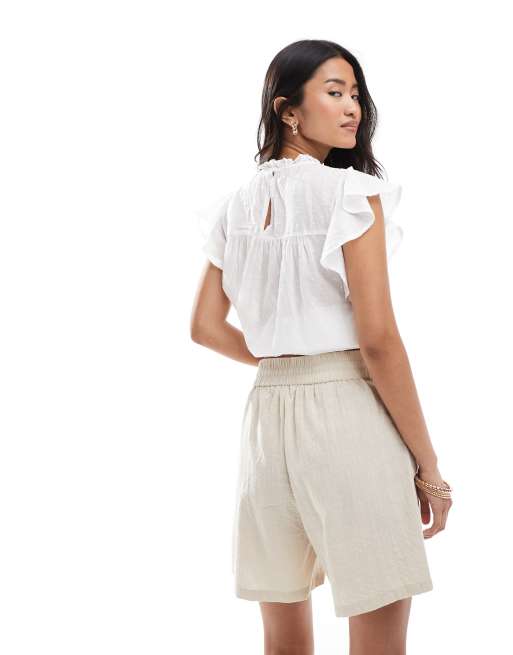 ONLY – Strukturierte Bermudashorts in steinbeiger Leinenoptik mit gebundener Vorderseite, Kombiteil, 4 von 5