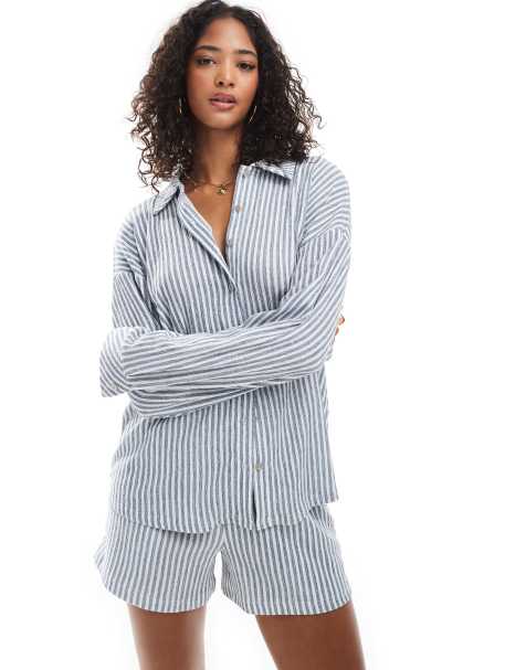 ONLY – Strukturierte Oversize-Hemdbluse mit blauen Streifen, Kombiteil - view 1