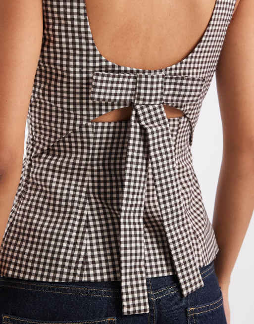 Only strukturiertes Oberteil mit Schleifendetails in braunem Gingham-Karomuster, 4 von 4