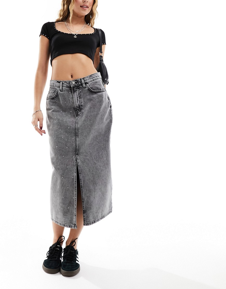 Only Studded Denim Midi Skirt With Front Slit In Washed Gray