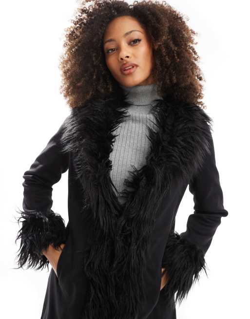 ONLY suede faux fur coat in black | ASOS