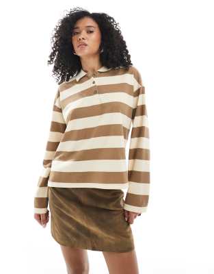 ONLY - Sweat rayé à col polo et manches longues - Beige et marron