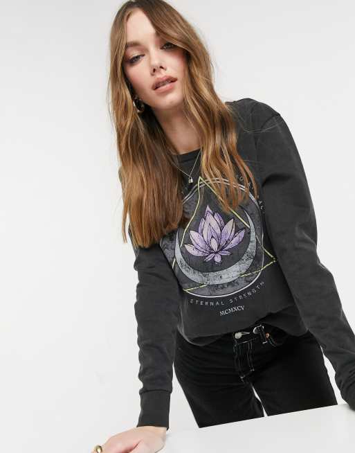 Only sweatshirt with lotus and moon print in black
