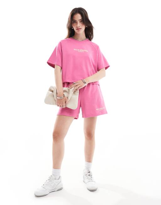 ONLY – Sweatshorts in Rosa mit California-Print, Kombiteil 