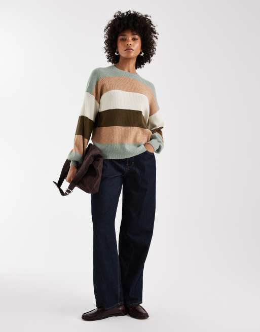 ONLY – Sweter z obniżoną linią ramion w paski w kolorze khaki, 3 z 4