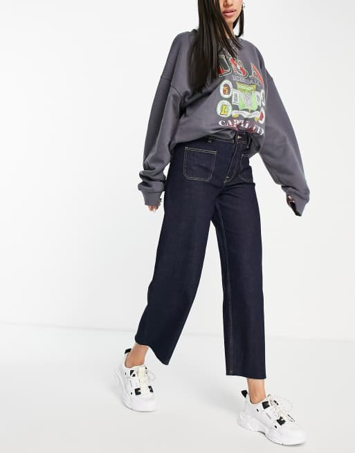 Only - Sylvie - Cropped jeans met hoge taille en wijde pijpen in donkerblauw, 2 van 4