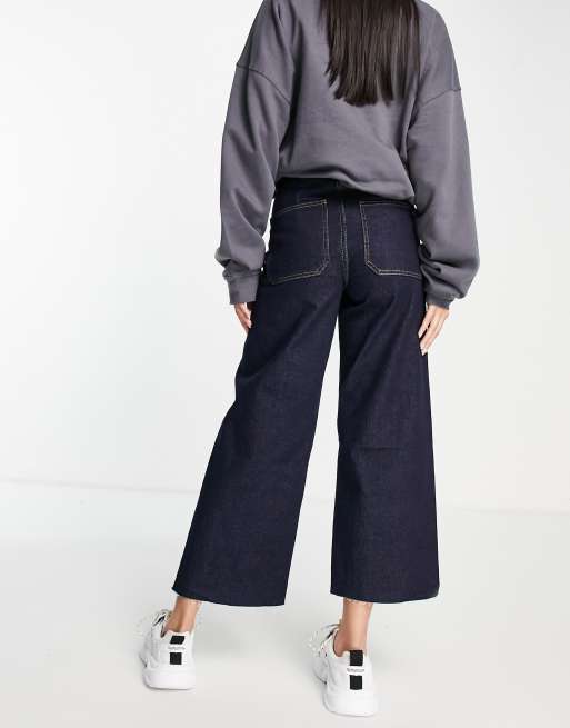 Only - Sylvie - Cropped jeans met hoge taille en wijde pijpen in donkerblauw, 3 van 4