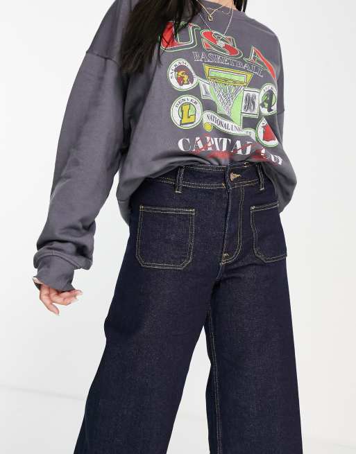 Only - Sylvie - Cropped jeans met hoge taille en wijde pijpen in donkerblauw, 4 van 4