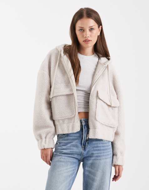 ONLY pocket detail hooded teddy jacket in stone