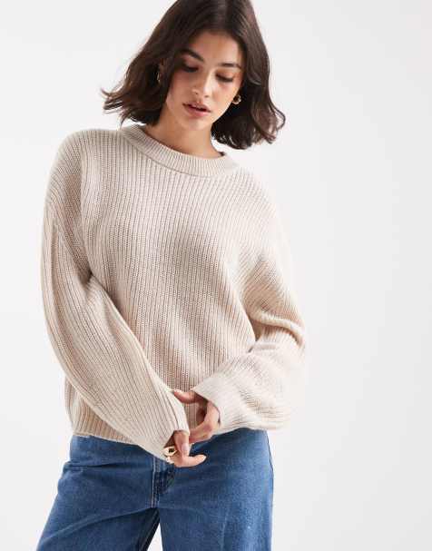 ONLY round neck rib knitted jumper in stone