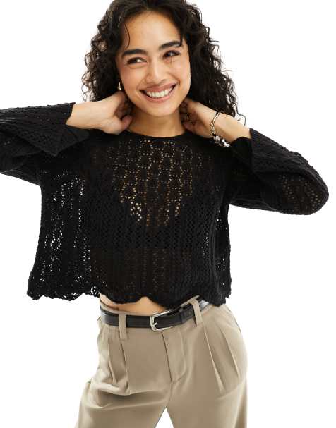 ONLY wide sleeve crochet top in black  