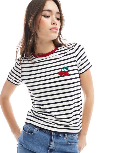 ONLY - T-shirt à rayures et cerises texturées - Noir et blanc - view 1