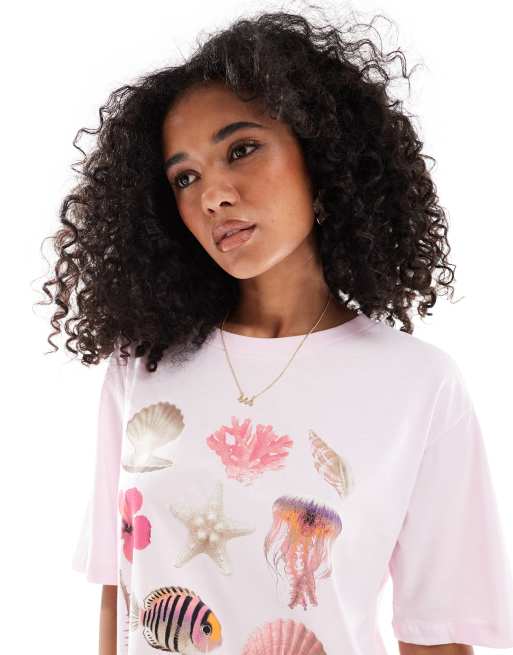 ONLY - T-shirt boyfriend à motif coquillages - Rose, 3 de 4