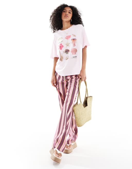 ONLY - T-shirt boyfriend rosa con stampa di conchiglie, 2 di 4