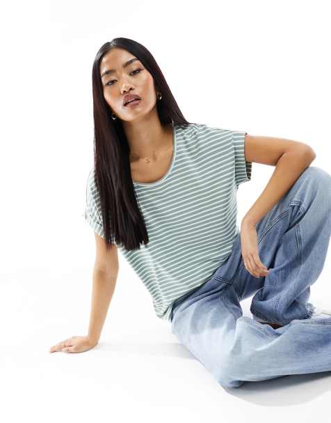 Only - T-shirt con scollo rotondo morbida a righe bianche e salvia - view 1