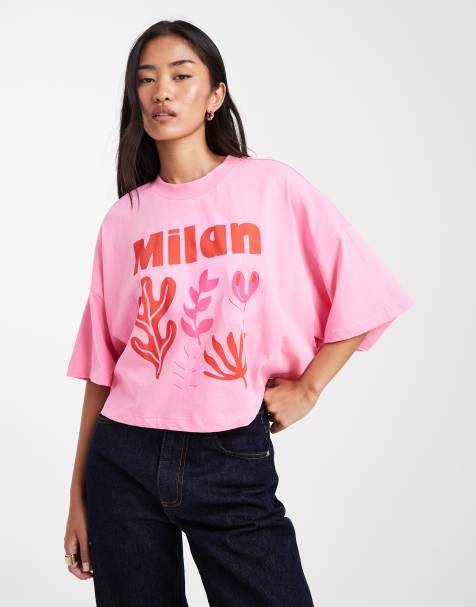 ONLY - T-shirt corta rosa con grafica "Milan" - view 1