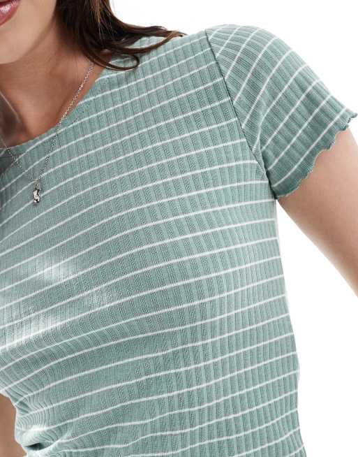 Only - T-shirt crop top à bordure ondulée et rayures - Vert sauge, 2 de 4