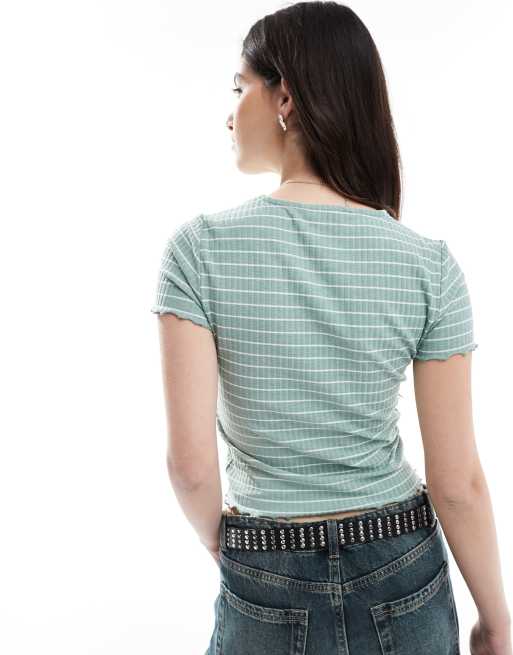 Only - T-shirt crop top à bordure ondulée et rayures - Vert sauge, 4 de 4