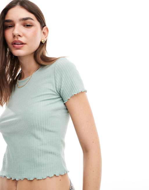 ONLY - T-shirt crop top à bordure ondulée - Vert sauge , 2 de 4