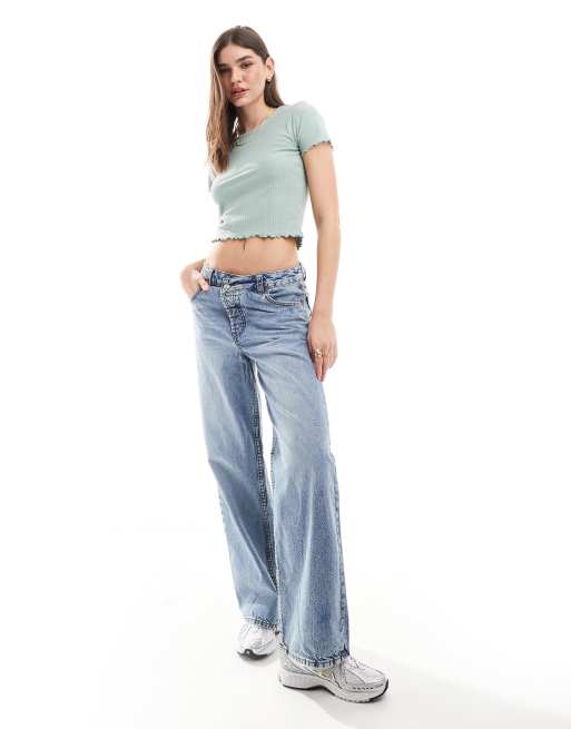 ONLY - T-shirt crop top à bordure ondulée - Vert sauge , 3 de 4