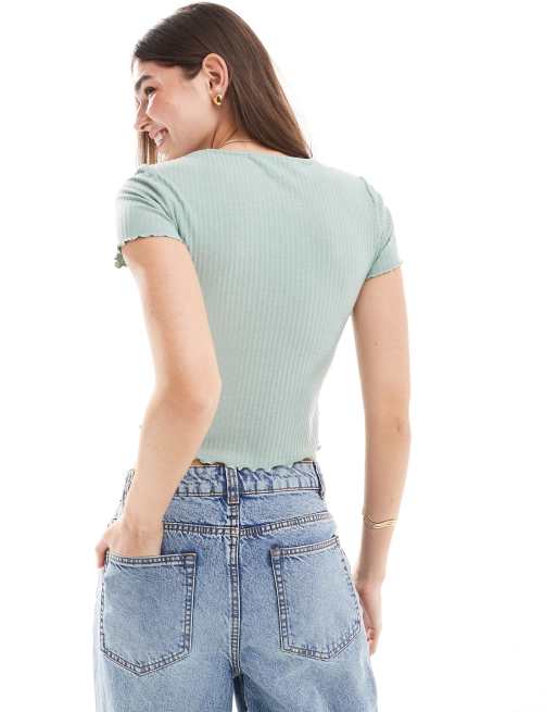 ONLY - T-shirt crop top à bordure ondulée - Vert sauge , 4 de 4