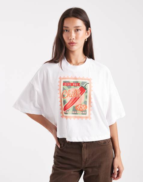 ONLY - T-shirt crop top avec imprimé timbre avec piment - Blanc - view 1