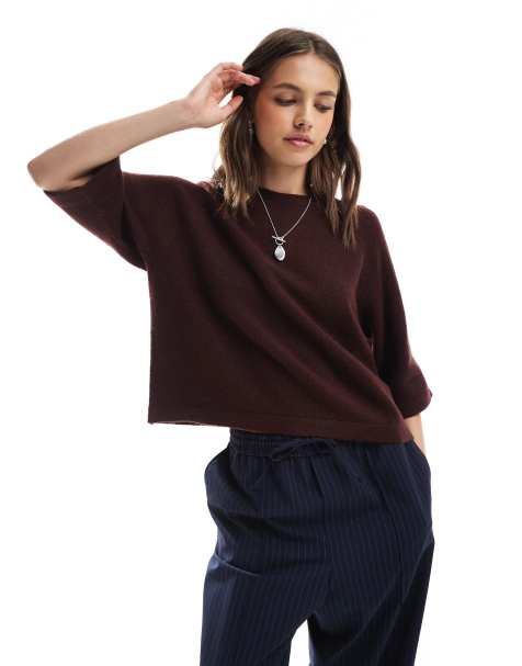 ONLY - T-shirt crop top en maille - Bordeaux - view 1