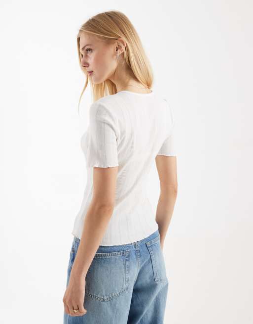 ONLY - T-shirt en maille pointelle à bords ondulés - Blanc, 2 de 4