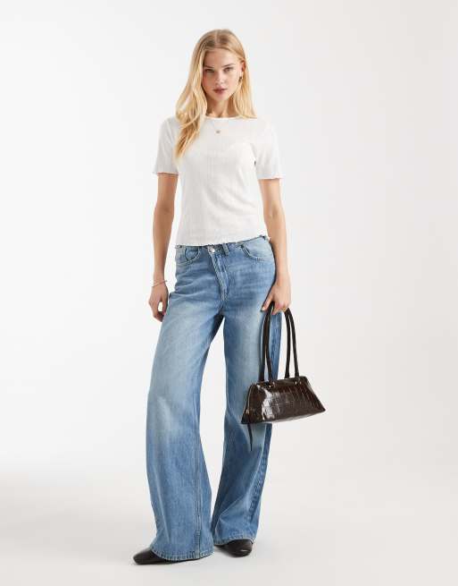 ONLY - T-shirt en maille pointelle à bords ondulés - Blanc, 4 de 4