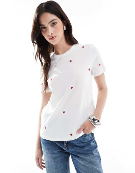 ONLY - T-shirt girocollo bianca con cuori ricamati - view 1