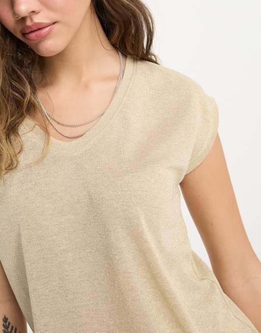 Only – T-Shirt in Goldmetallic mit V-Ausschnitt , 2 von 4