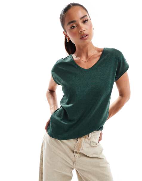 Only – T-Shirt in Metallic-Grün mit V-Ausschnitt - view 1