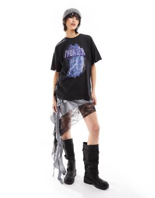 Only - T-Shirt in verwaschenem Schwarz mit strassbesetztem „Thunder"-Print