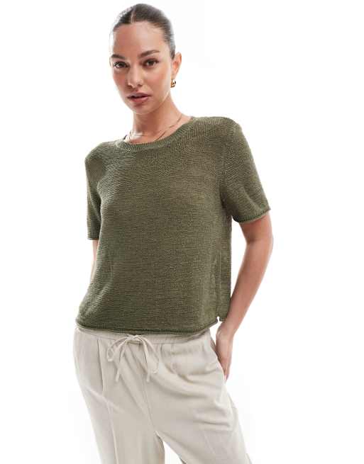 ONLY - T-shirt leggera traforata color kaki