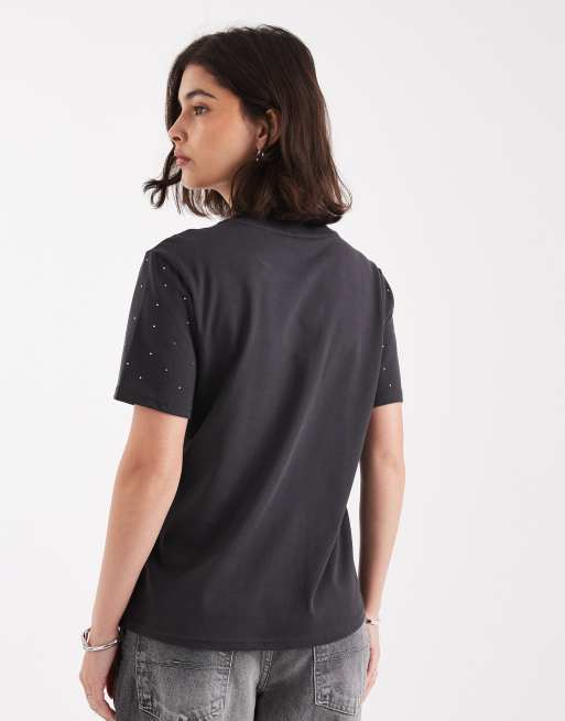 ONLY - T-shirt met rechte pasvorm en siersteentjes in antracietgrijs, 3 van 4