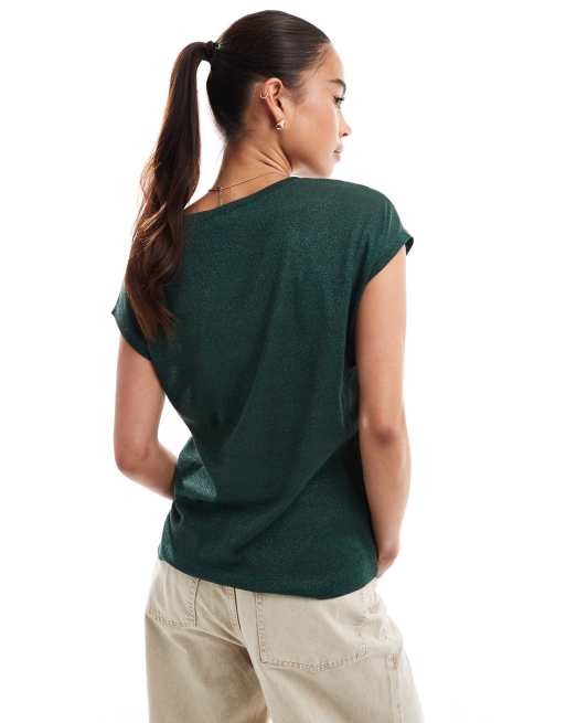 ONLY - T-shirt met V-hals in metallic groen, 3 van 4