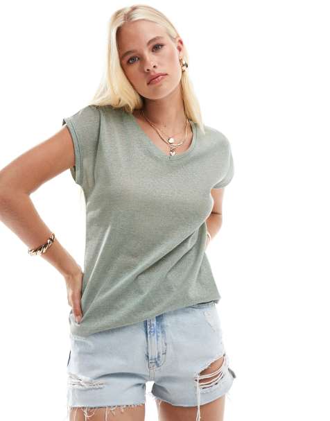 ONLY - T-shirt met V-hals in saliegroen metallic - view 1