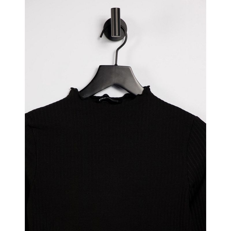 Only - T-shirt nera con bordo ondulato e maniche lunghe, colore nero