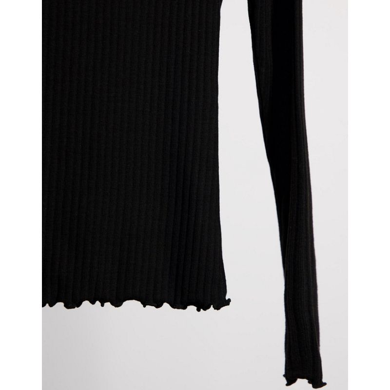 Only - T-shirt nera con bordo ondulato e maniche lunghe, colore nero