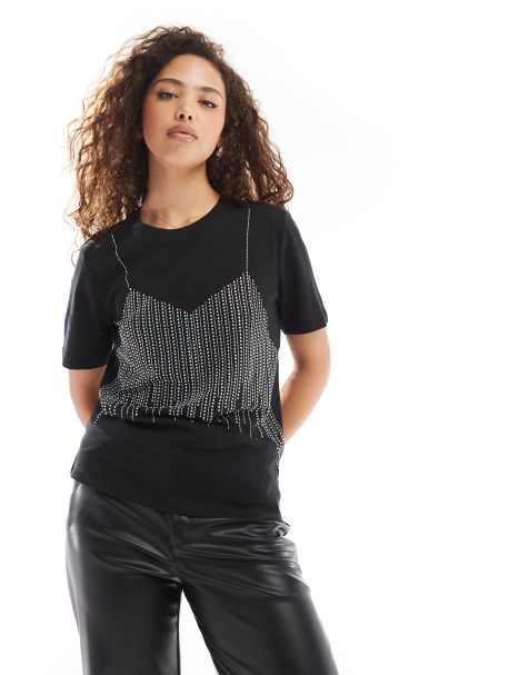 ONLY - T-shirt nera con dettaglio di pietre sintetiche - view 1