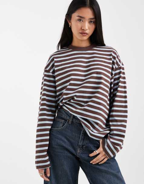 Only - T-shirt oversize a maniche lunghe blu pallido e marrone a righe - view 1