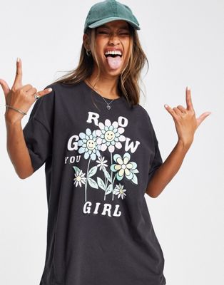 Only - T-shirt oversize avec motif Grow You Girl - Noir délavé | ASOS