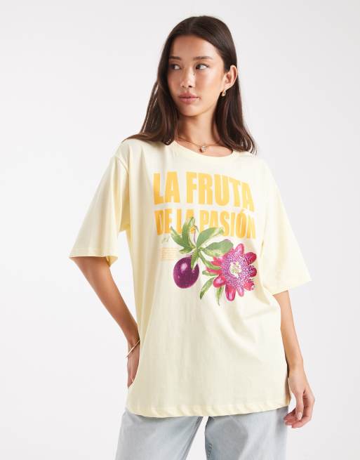 ONLY - T-shirt oversize color latticello con grafica di frutta