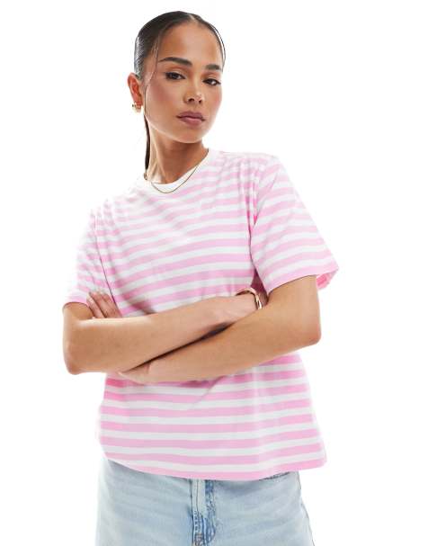 ONLY - T-shirt rosa e bianca a righe con collo a contrasto - view 1