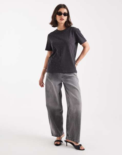 ONLY - T-shirt squadrata antracite con strass - view 1