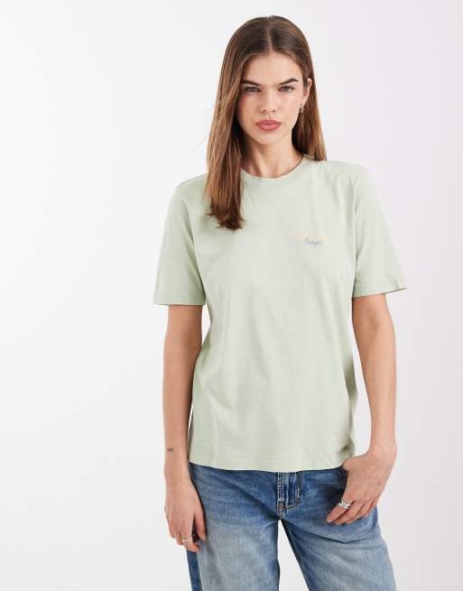 ONLY - T-shirt squadrata color verde chiaro con stampa arancione sul retro, 2 di 4