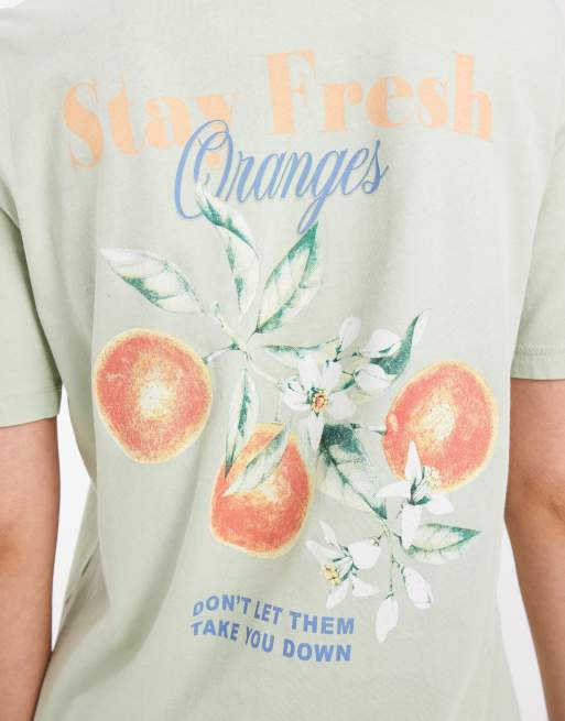 ONLY - T-shirt squadrata color verde chiaro con stampa arancione sul retro, 4 di 4