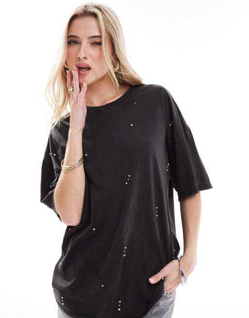 Only - T-shirt squadrata con strass, colore nero slavato