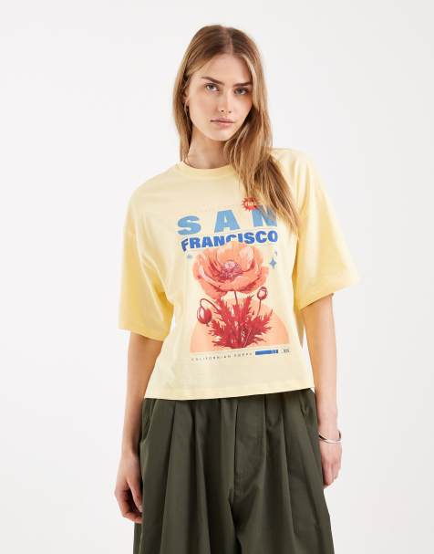Only - T-shirt squadrata gialla con stampa di fiori - view 1