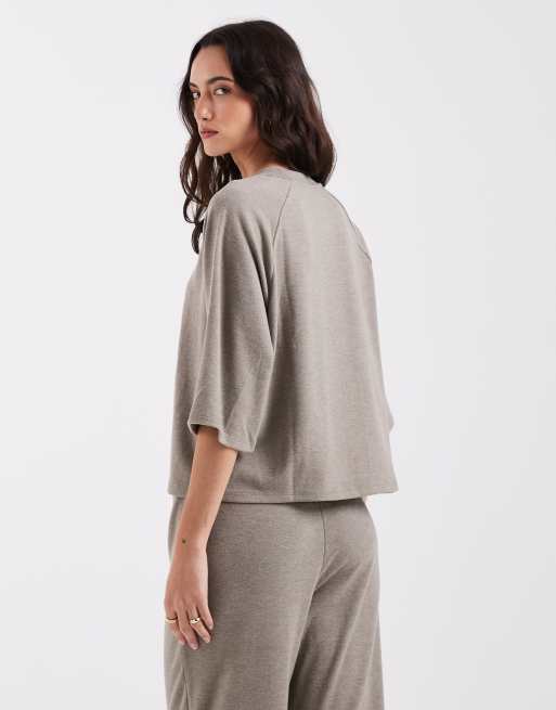 ONLY - T-shirt squadrata marrone chiaro testurizzata morbida in coordinato, 4 di 4
